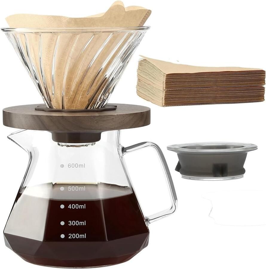 Pour Over Koffiezetapparaat Borosilicaatglas 600 ml Capaciteit Inclusief 100 V02-papierfilters Voor Thuis en Camping