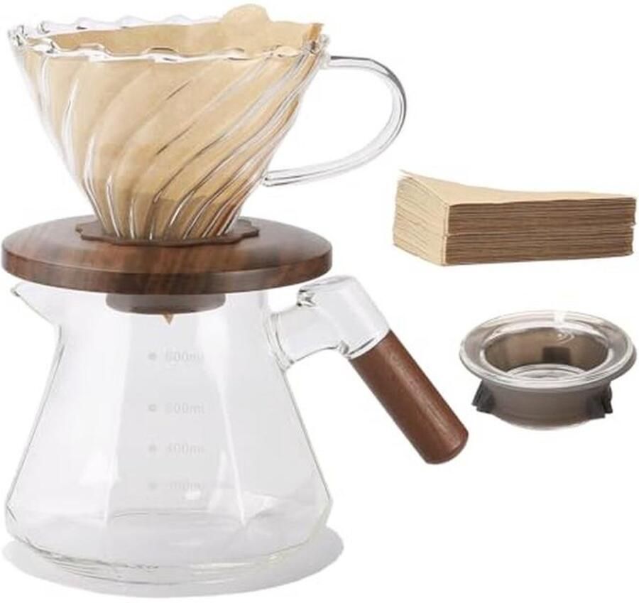 Pour Over Koffiezetapparaat met 600ml Borosilicaatglas en 100 V02 Papierfilters
