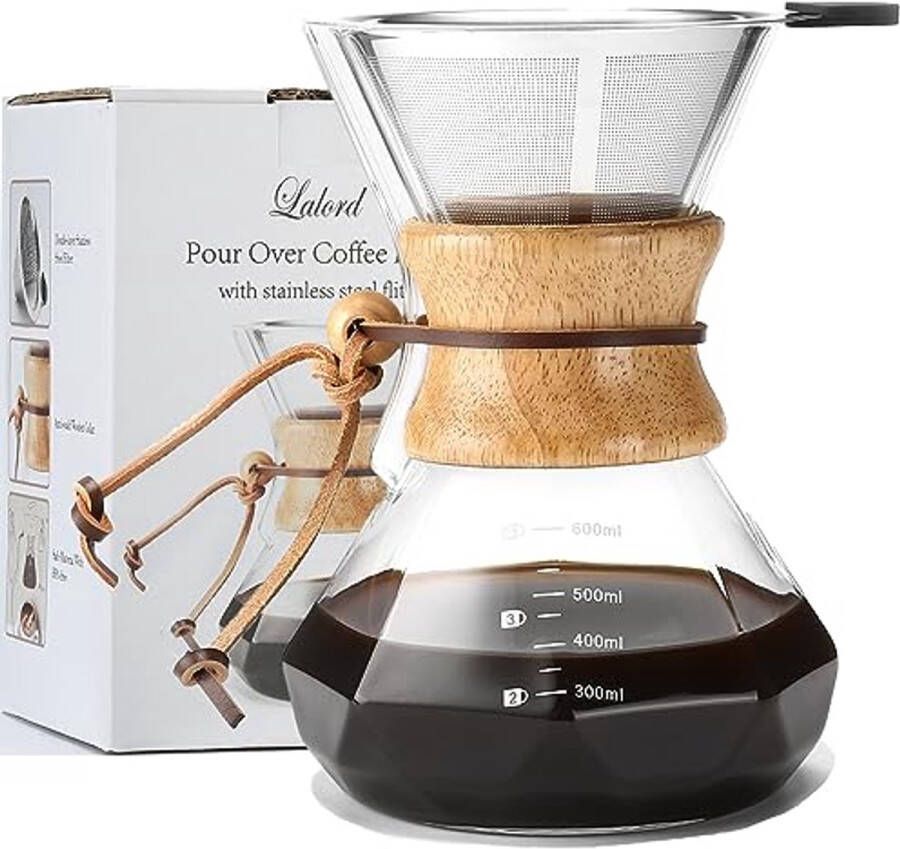 Pour Over Koffiezetapparaat met Roestvrijstalen Filter en Borosilicaat Glazen Koffiekaraffe