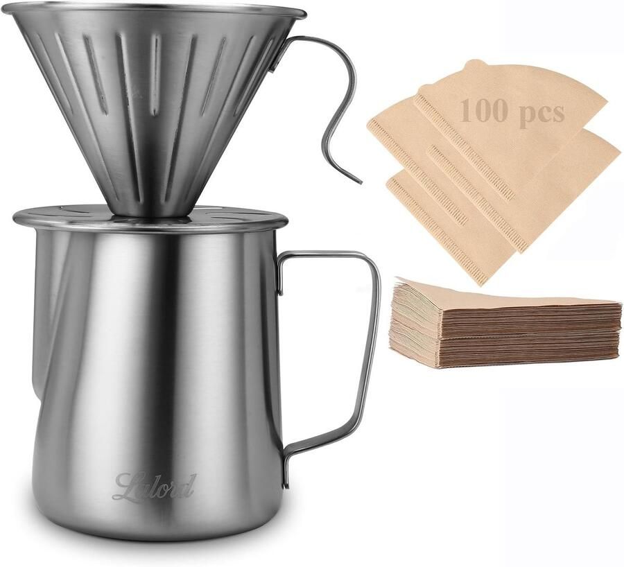 Pour Over Koffiezetapparaat Roestvrij Staal Inclusief 100 Papieren Filters Voor Thuis en Camping