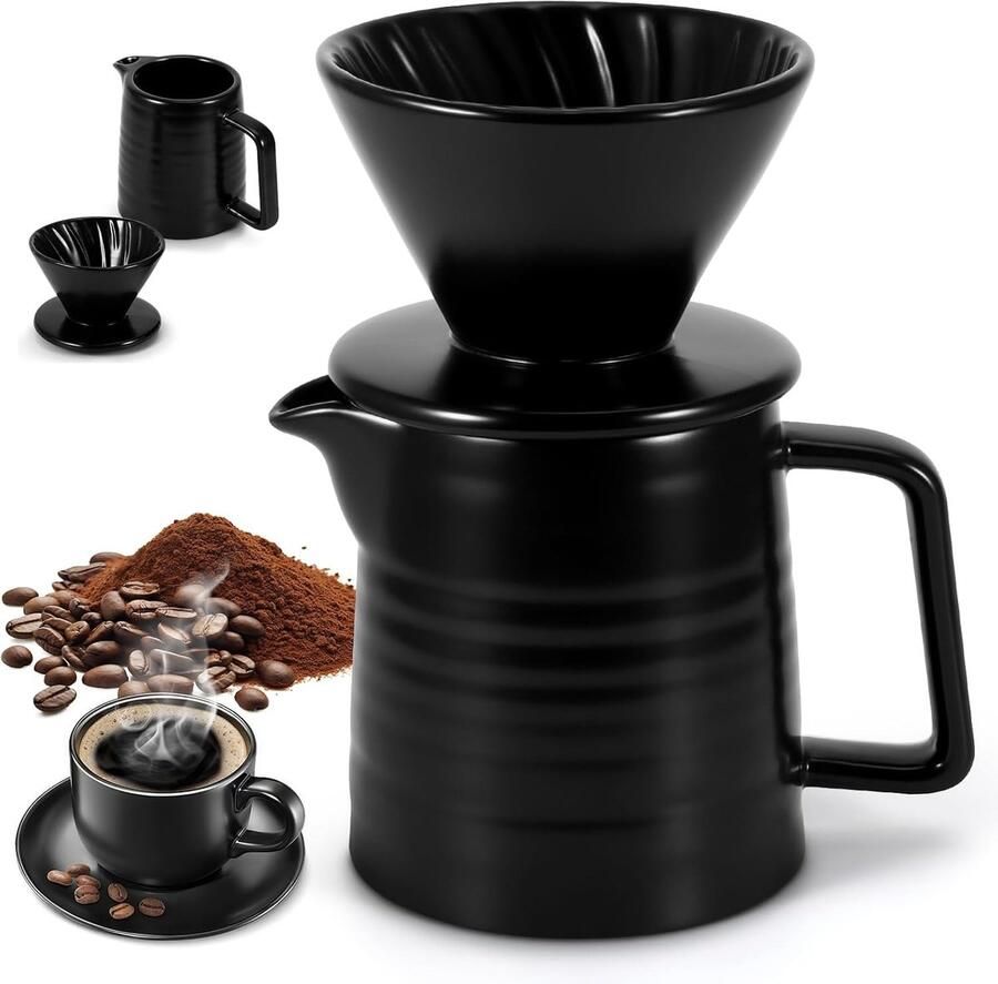 Pour Over Koffiezetter 500 ml porseleinen koffiefilter met kop koffiepot met filter Pour Over koffiedruppelaar herbruikbaar koffiefilter druppelkoffiezetapparaat 1-3 kopjes (zwart)