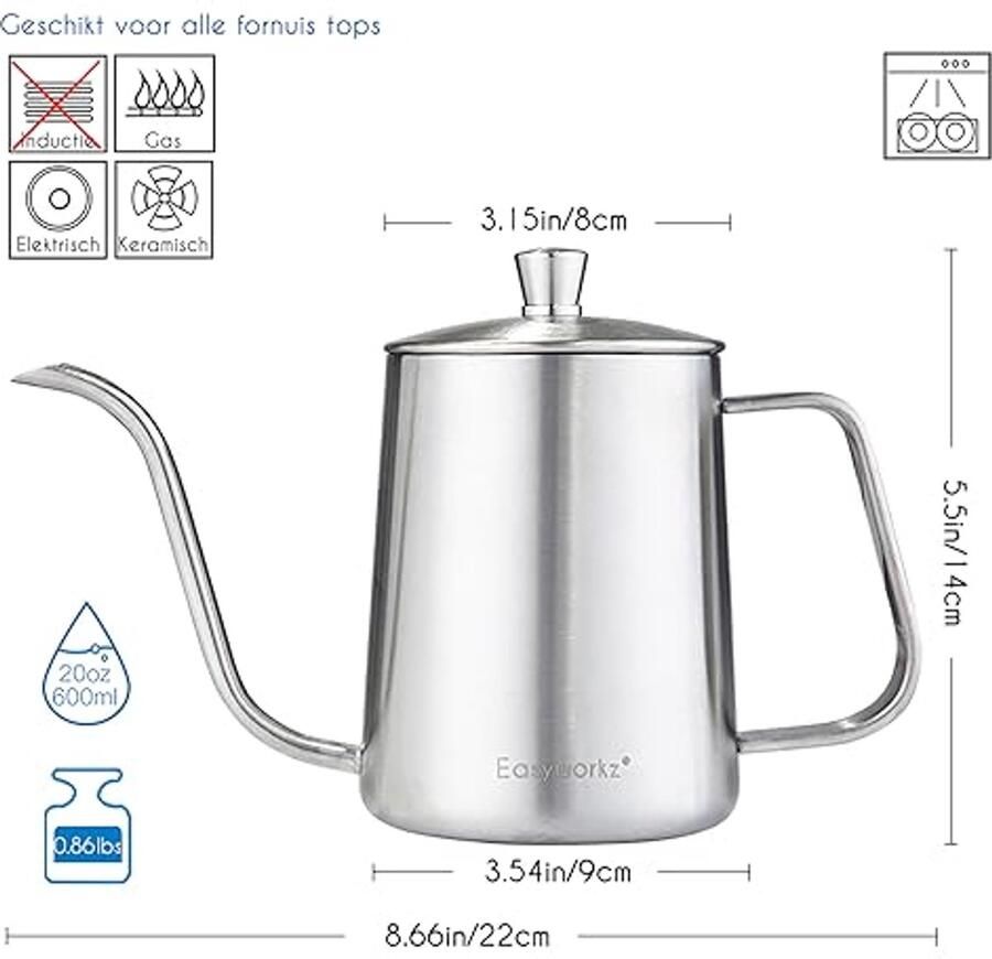 Pour Over Waterkoker RVS Met Gooseneck 600ml Perfect Voor Handgedruppelde Koffie - Foto 2