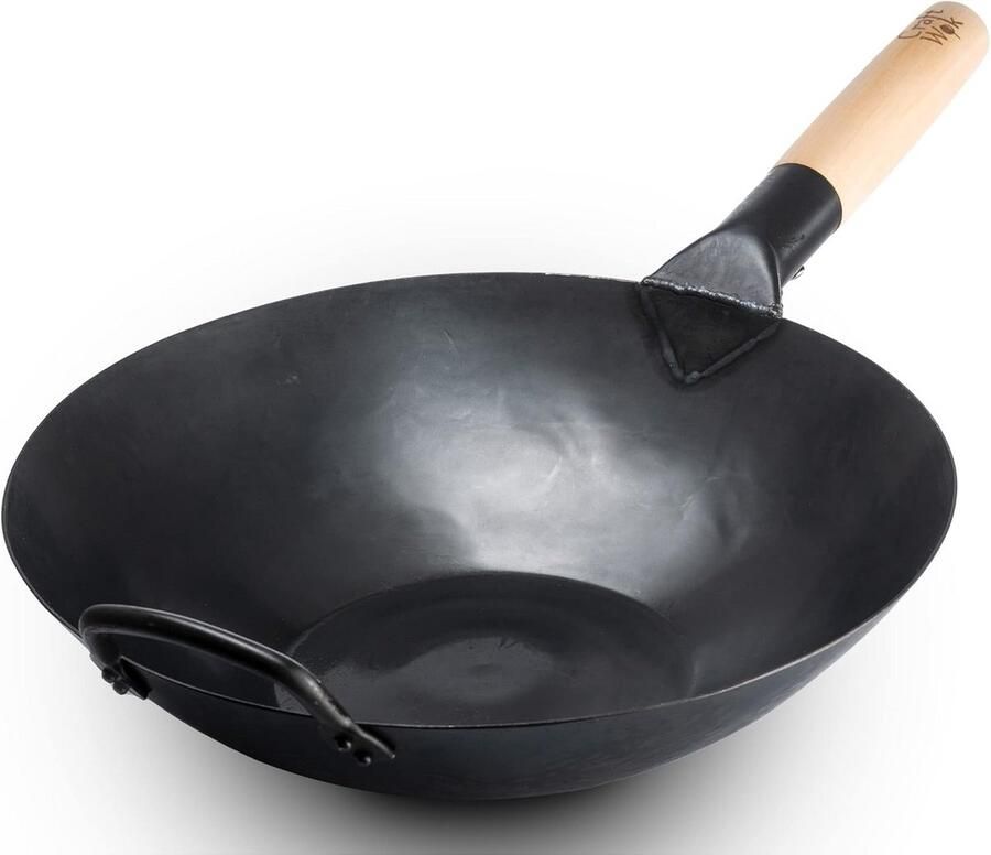 Pre-ingebrande koolstofstalen wok 33 5 cm met houten handvat geschikt voor inductie en elektrische kookplaten