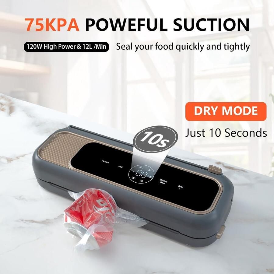 Precisie Compact Mini Vacuümzealer (Grijs) 65 kPa Sterke Zuigkracht Automatische Werking 10 Zakken Inbegrepen Voedselbewaarapparaat Efficiënte Opslag Tool Vacuümverpakkingsmachine Keuken Opslag Ruimte Besparing Versheid behoud