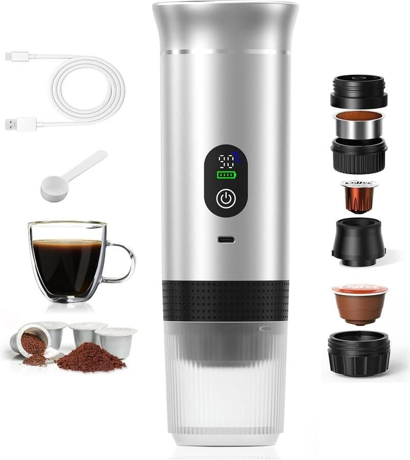 Premium Draagbare Koffiemachine met Verwarming – Oplaadbare Espresso Maker USB-C – Geschikt voor Capsules & Gemalen Koffie – Compact & Krachtig voor Reizen Auto & Outdoor