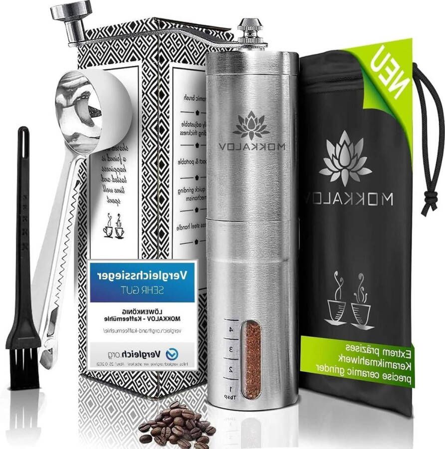 Premium hand-koffiemolen van roestvrij staal traploze maalgraad instelling keramische maalwerk geniale functies handmatige espressomolen met recepten incl. accessoires