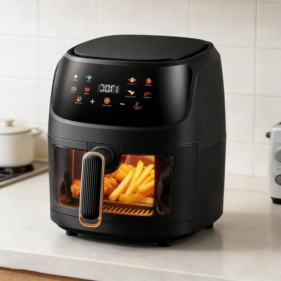 Premium Multifunctionele 8L luchtfriteuse Gezond koken Zwart Digitaal display 8-in-1 functies Snelle luchttechnologie Olievrije frituurpan 2400 Watt LED-touchscreen Zichtbaar venster