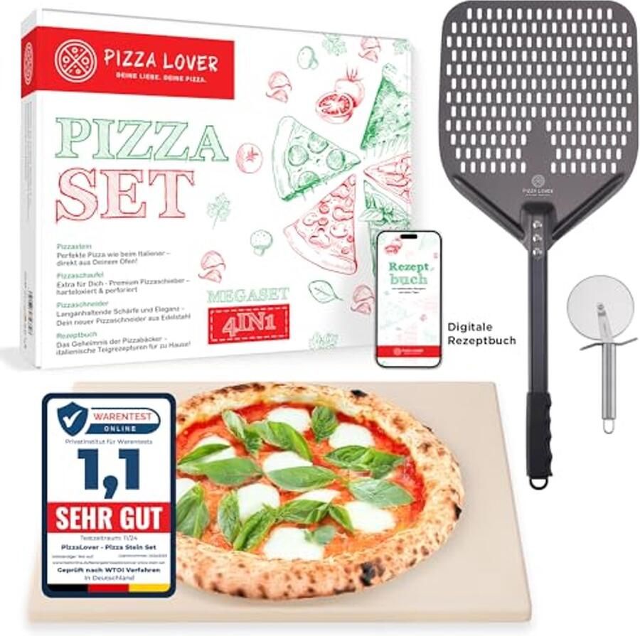 Premium pizzasteenset voor oven en grill 4-in-1 inclusief pizzasnijder en geperforeerde pizzaschuiver