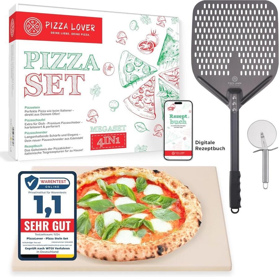 Premium pizzasteenset voor oven en grill 4-in-1 inclusief pizzasnijder en geperforeerde pizzaschuiver