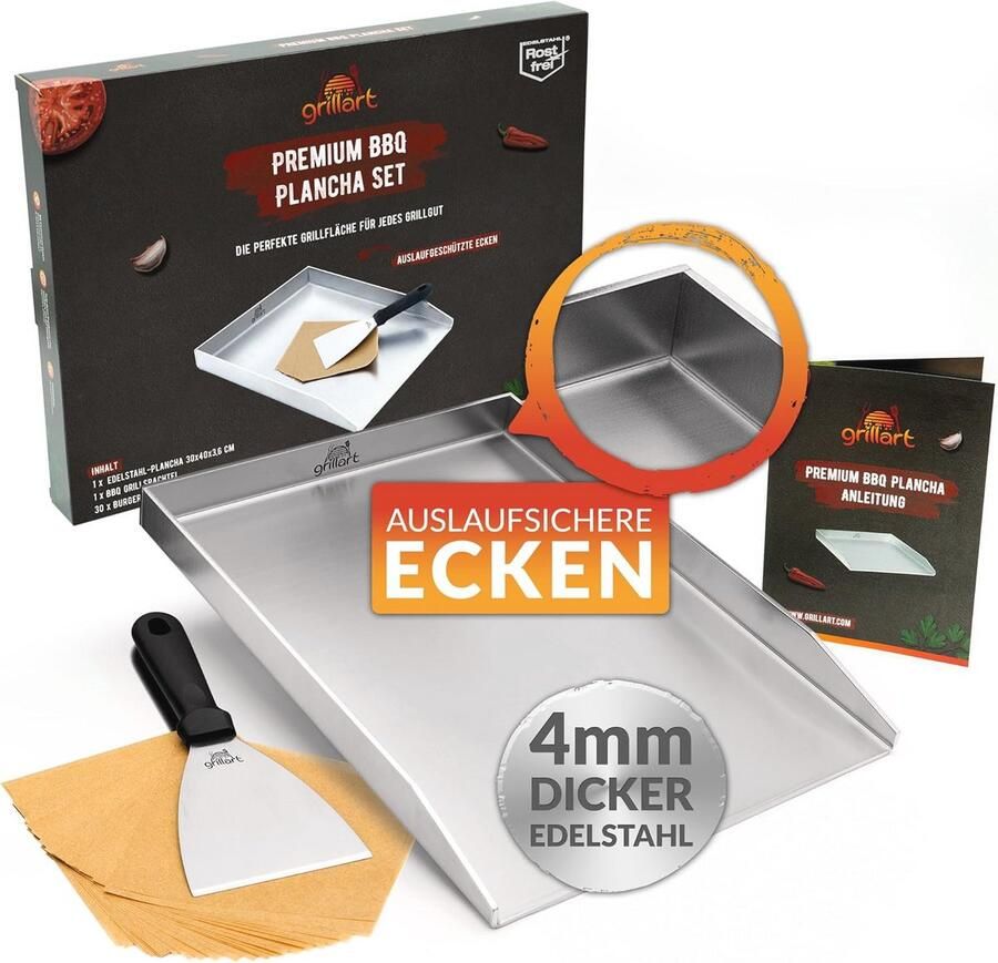 Premium Plancha Grillplaat 30 x 40 cm Roestvrij Staal Vaatwasmachinebestendig Voor Inductie en Barbecue