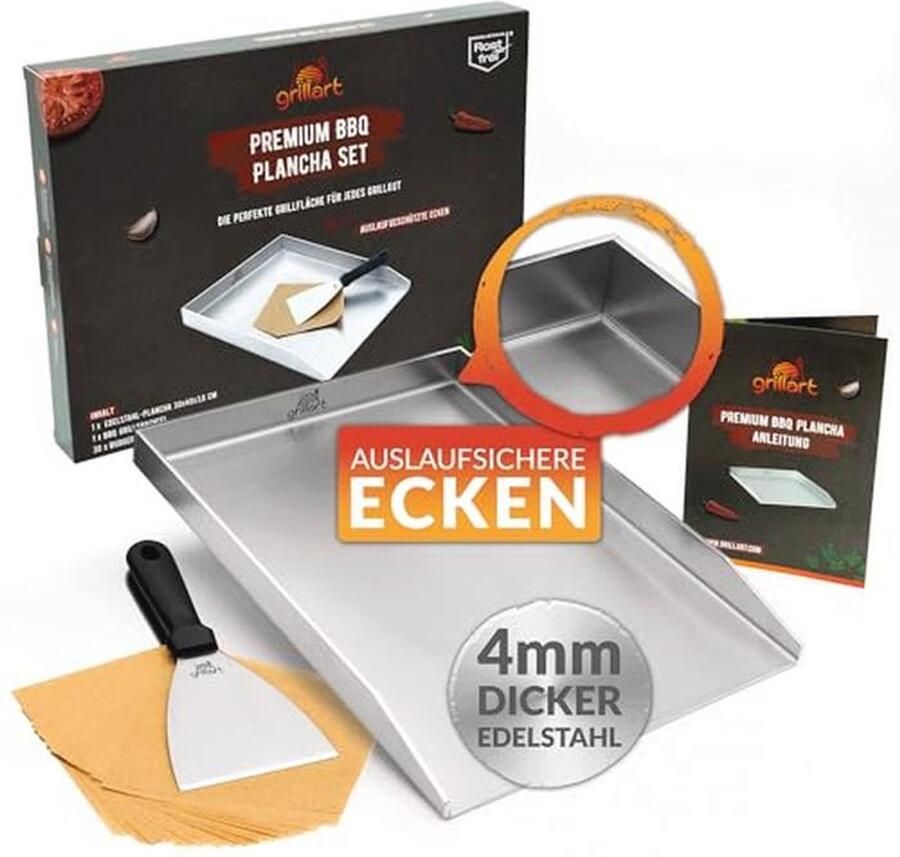 Premium Plancha Grillplaat 30 x 40 cm Roestvrij Staal Vaatwasmachinebestendig Voor Inductie en Barbecue