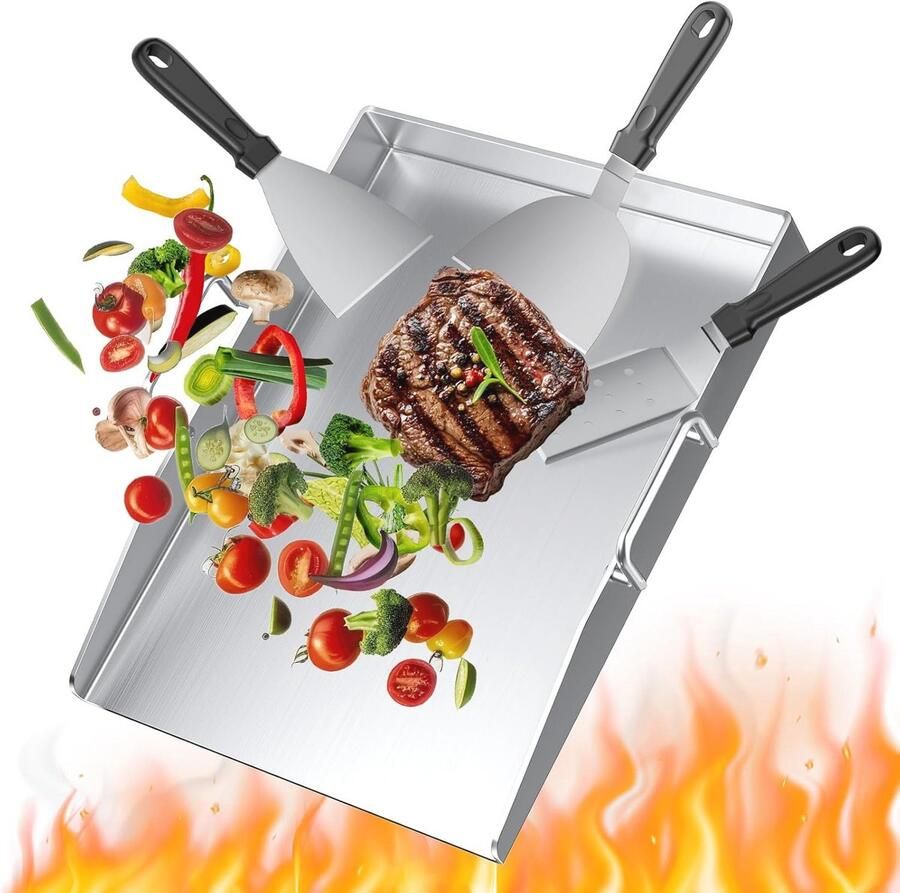 Premium Plancha Grillplaatset 40 x 30 cm Roestvrij Staal Grillplaat voor Gas- en Kolengrill met Spatels