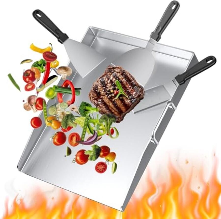Premium Plancha Grillplaatset 40 x 30 cm Roestvrij Staal Grillplaat voor Gas- en Kolengrill met Spatels