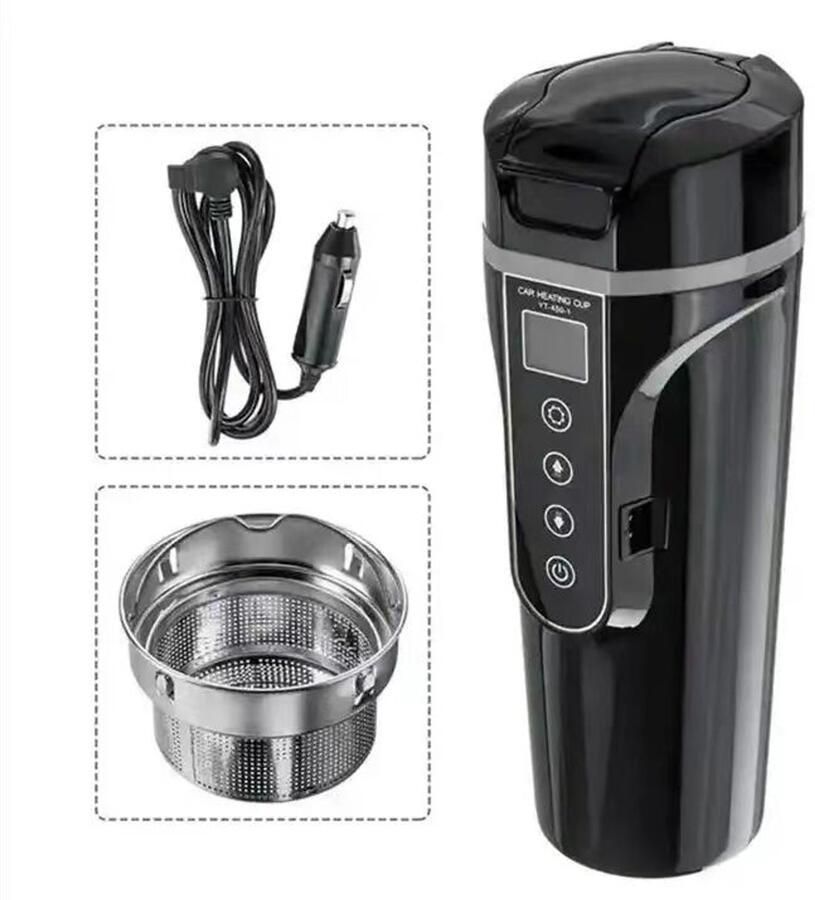 Premium Reiswaterkoker Elektrische Auto Waterkoker met Slim Scherm – 500ml 12V 24V Snelle Verwarming Roestvrijstaal – Zwart Vakantie Reizen Autovakantie Caravan kokend water Melk Thee Koffie
