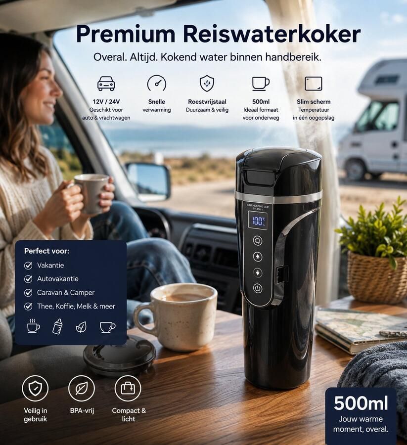 Premium Reiswaterkoker Elektrische Auto Waterkoker met Slim Scherm – 500ml 12V 24V Snelle Verwarming Roestvrijstaal – Zwart Vakantie Reizen Autovakantie Caravan kokend water Melk Thee Koffie