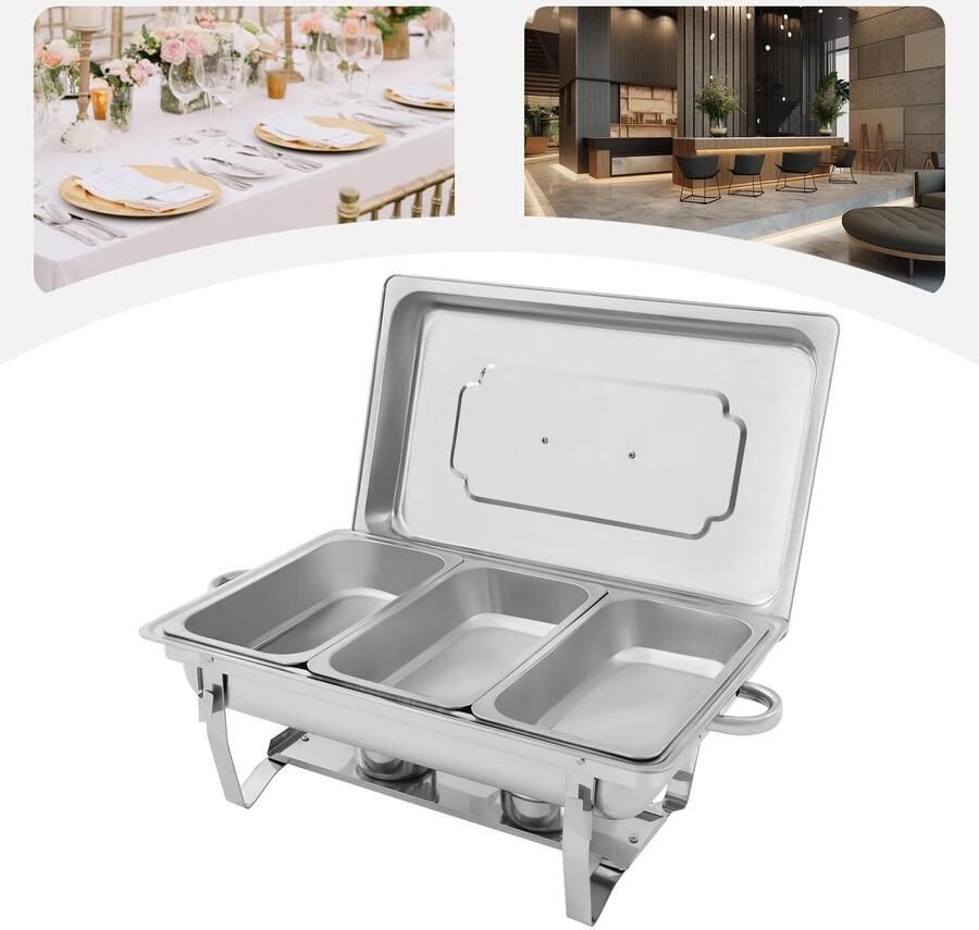 Premium Warmhoudset Opvouwbaar Drievoudig Rechthoekig Catering Buffet Geschikt voor 2 5 liter 0 66 gallon Warmhoudset zwart model