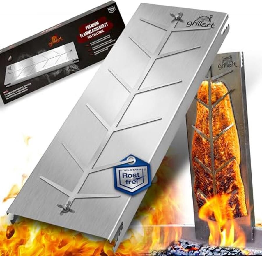 Premium zalmplank van roestvrij staal 180 graden draaibaar en 5-voudig verstelbaar Ideaal voor grill en vuurplaats 55 cm x 18 cm