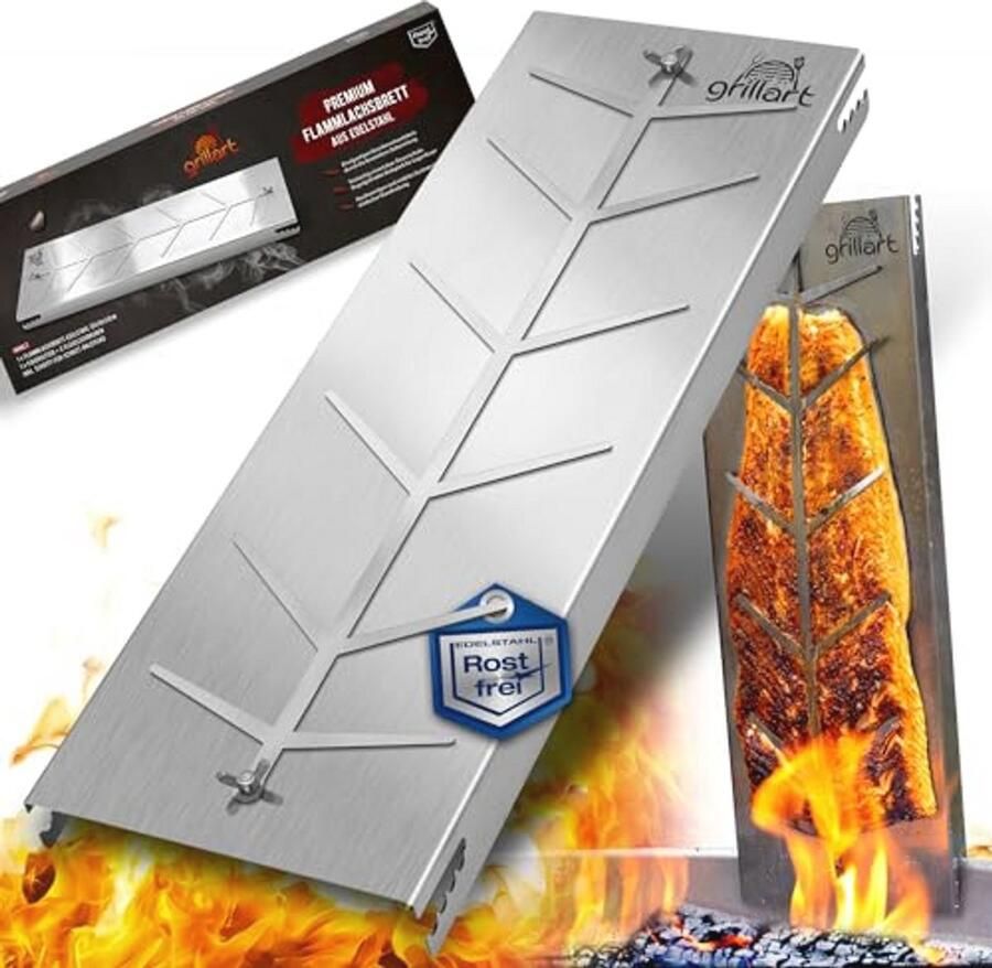 Premium zalmplank van roestvrij staal 180 graden draaibaar en 5-voudig verstelbaar Ideaal voor grill en vuurplaats 55 cm x 18 cm