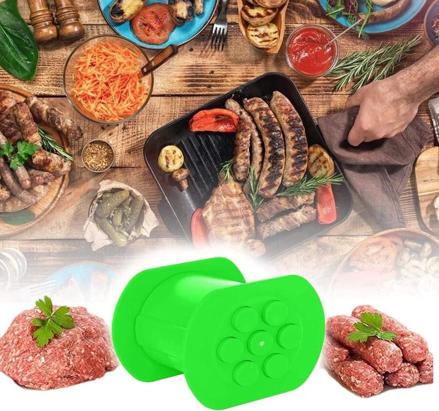Press Cevapcici Maker Hot Dog Maker Manual Sausage Maker with 7 Holes DIY Homemade Meat Strip Squeezer Making Delicious Stuffed Meat Filler Molds Kit Barbecue Grill Accessories (Groente)