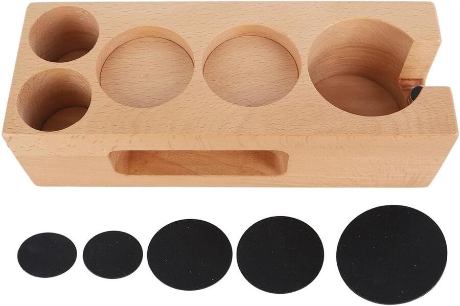 Professioneel koffie tamper station met houten mat espresso filterhouder en koffiemanipulatie accessoire voor barista's