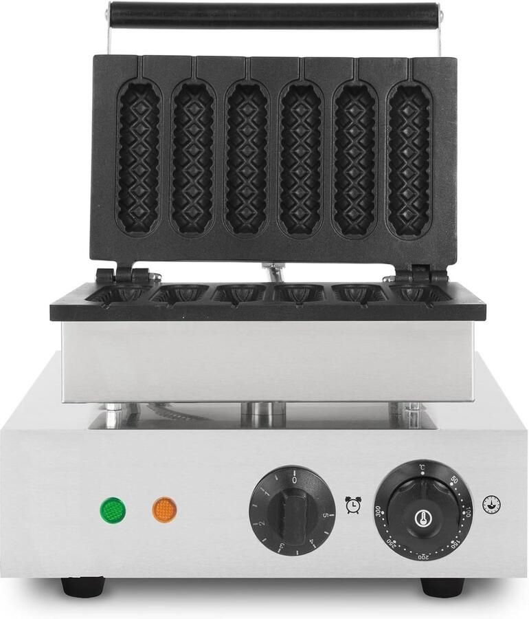 Professioneel wafelijzer voor 6 wafels op stok 120 wafels per uur 1550W roestvrijstalen behuizing instelbare temperatuur 0°-300°C