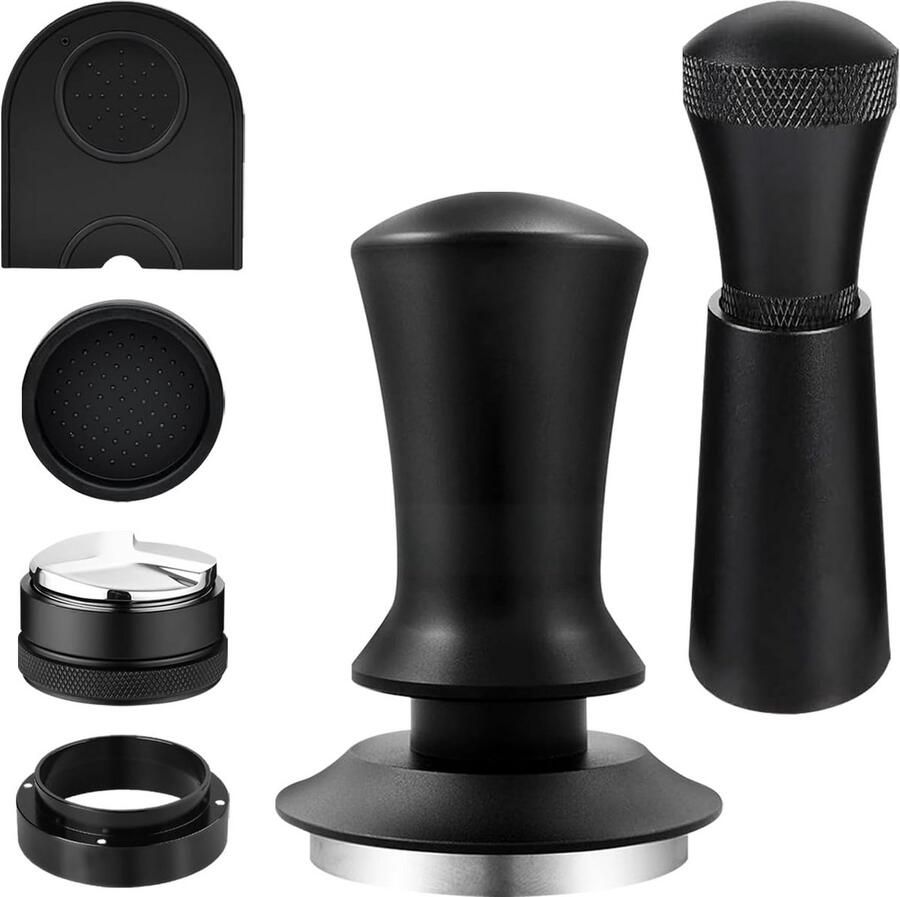 Professionele 6-Delige Koffietamperset RVS 51mm Espresso Barista Accessoires met Doseerring en Mat