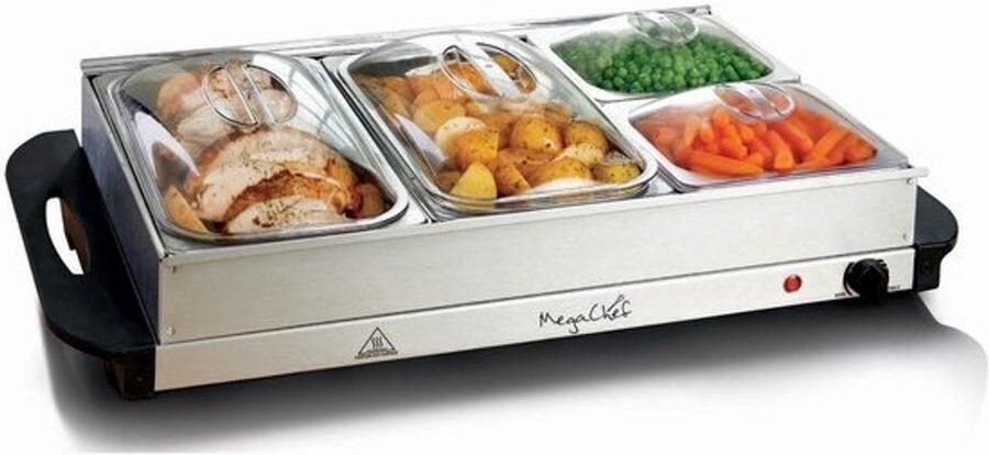 Buffet Server Voedselwarmer Feestelijke Bijeenkomsten 4 Verwijderbare Dienbladen 1000 Watt Zilver