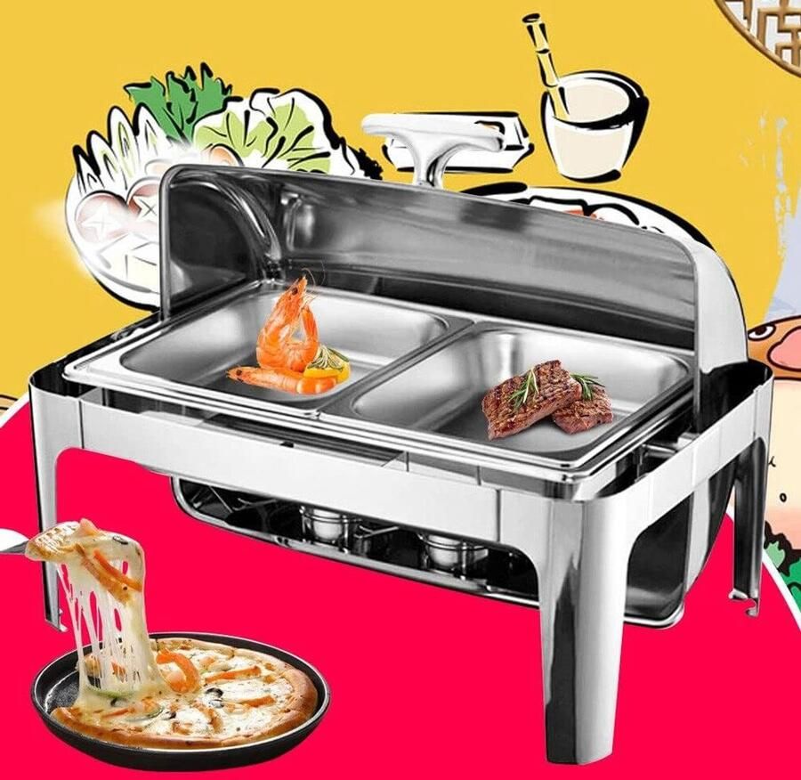 Professionele Chafing Dish Warmhoudset Buffet Eten Warm Houden Roll-Top Deksel 9 Liter Zilver