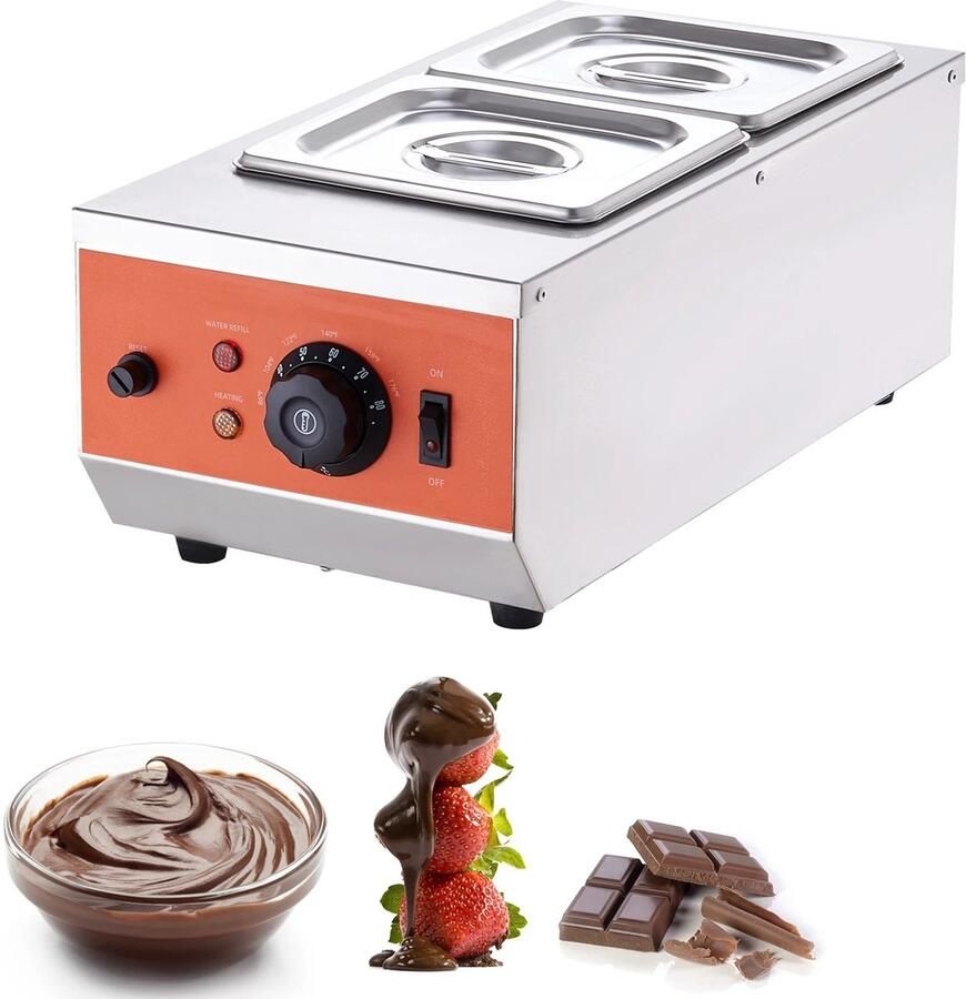 Professionele Chocolade Smeltmachine met 2 Tanks Dubbele RVS Chocoladesmelter Waterbad Verwarming 8 kg Capaciteit Nauwkeurige Temperatuurregeling 30 tot 85 Graden Geschikt voor Bakkerij Catering en Fondue Horeca