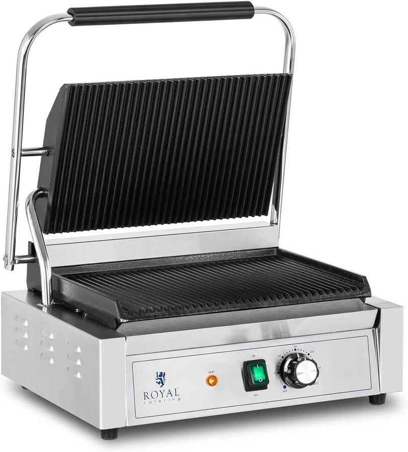 Professionele Contactgrill 2200W Geribbelde Platen 33x22cm Temperatuur 50-300°C RVS
