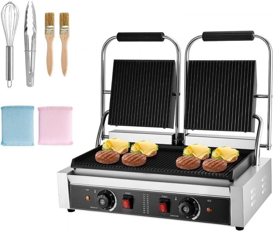 Professionele contactgrill en paninigrill Dubbele elektrische paninipers Vermogen 3600 W Temperatuurregeling Gegroefde emaille platen 48 x 23 cm RVS behuizing Horeca