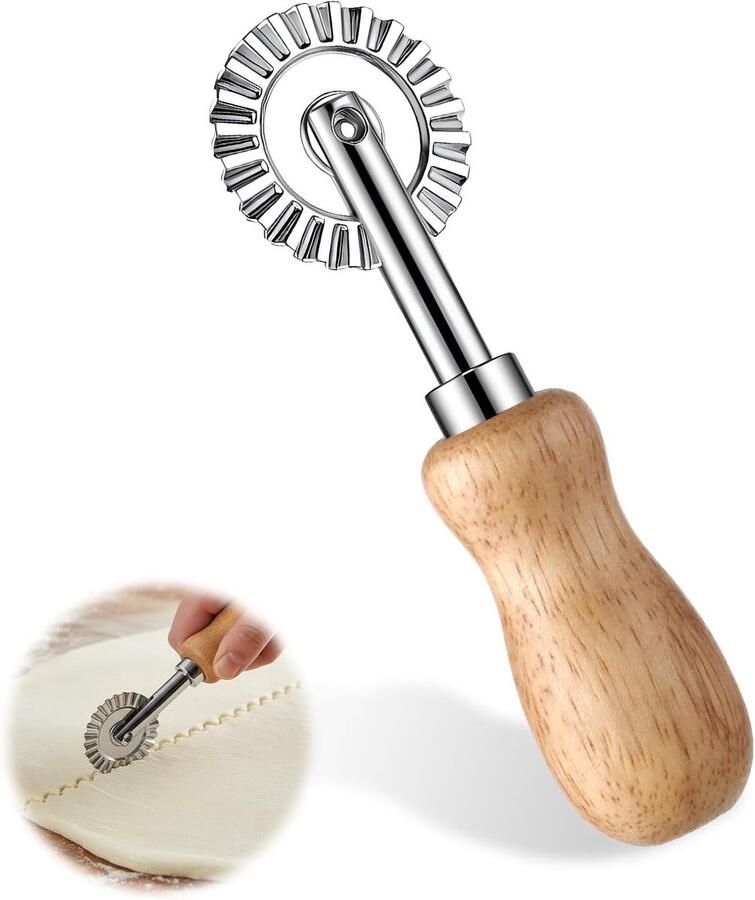 Professionele Deegsnijder met Houten Handvat en Golfvormig Snijwiel voor Bakken Pizza en Taarten