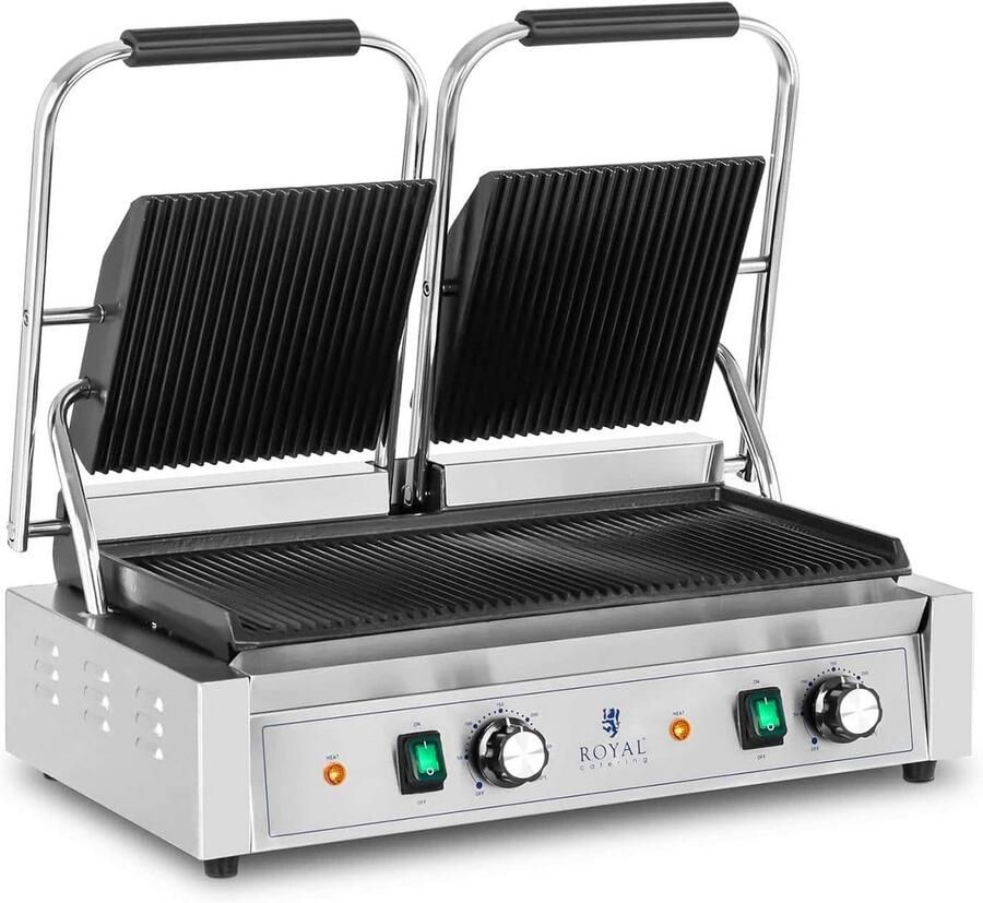 Professionele Dubbele Contactgrill 3600W RVS Geribbelde Platen 50-300°C