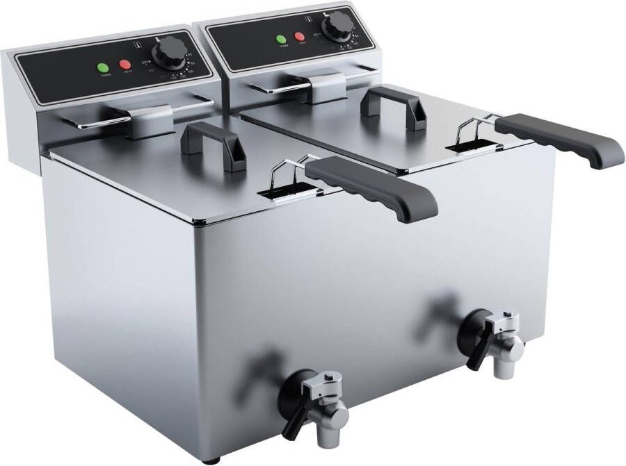Professionele Dubbele Friteuse 2 x 8 Liter RVS Frituurpan met Aftapkraan en Uitneembare Elementen