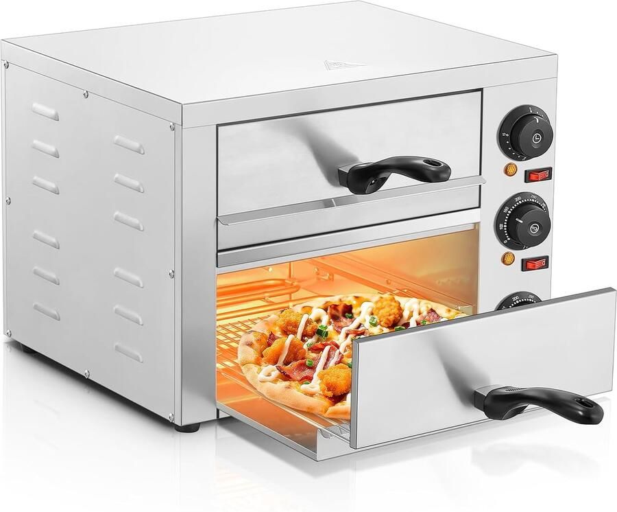 Professionele Dubbele Pizzaoven 3000W – Elektrische Horeca Pizzaoven – 2 x 12 Inch – Tot 350°C – RVS – 15 Minuten Timer – Voor Pizza Brood en Gebak