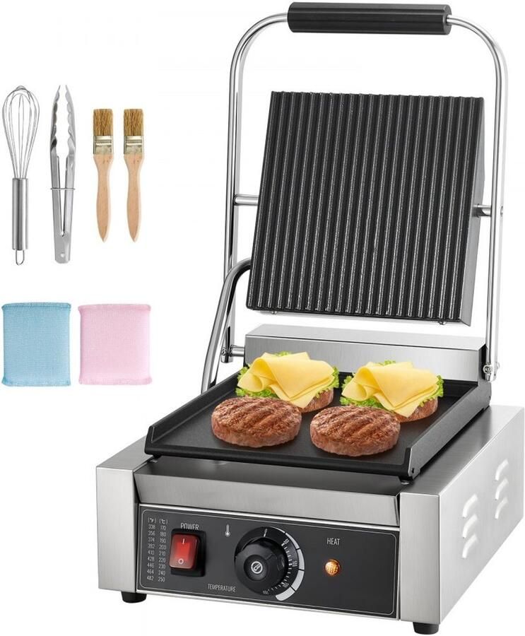 Professionele Elektrische Contactgrill Paninigrill Sandwichmaker Vermogen 1800 W Enkel Platte Emaille Plaat 22 x 23 cm Temperatuurregeling Roestvrijstalen Behuizing