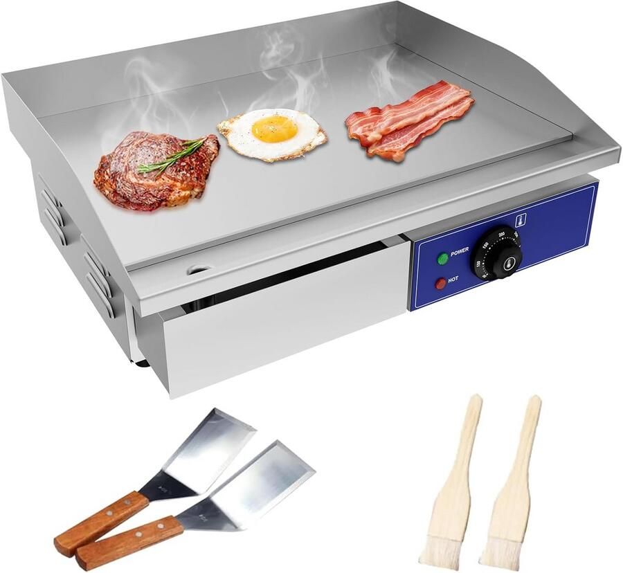 Professionele Elektrische Gladde Grillplaat 3000W RVS met Thermostaat en Afneembare Vetopvangbak