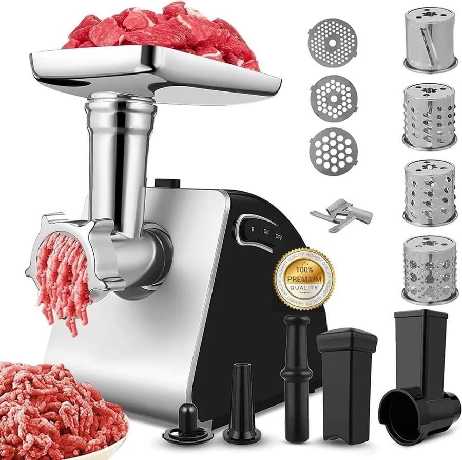 Professionele elektrische vleesmolen Zwart 2000W RVS Vleesmachine met Accessoires Voor Vlees en Gebak