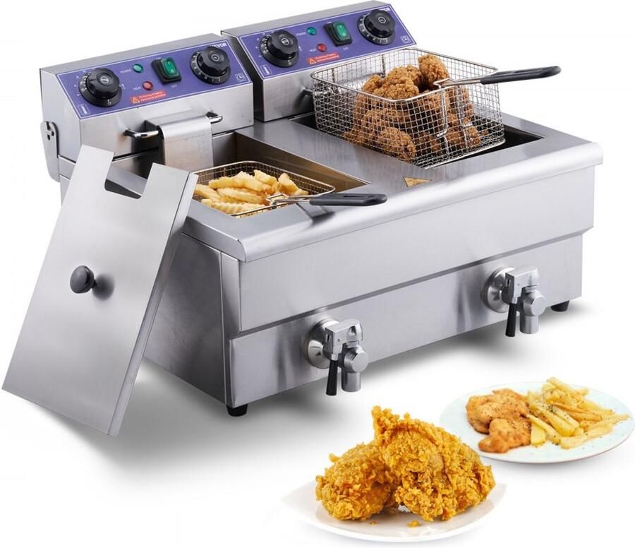 Professionele friteuse Dubbele elektrische tafelmodel Capaciteit 2 x 11 L Vermogen 3000 W RVS behuizing Temperatuurregeling & timer Dubbele tank & 2 manden Zilver