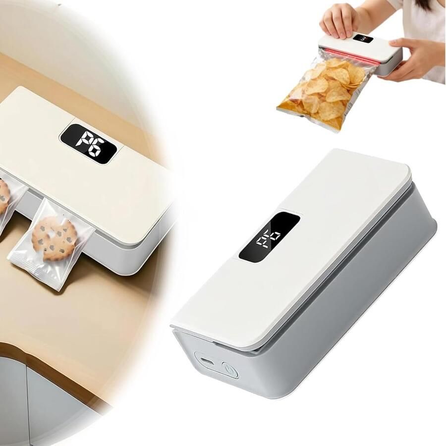 Professionele Handmatige Sealmachine voor Zakjes 6 Temperatuurstanden USB-C Oplaadbaar Oplaadbare Chipzak Sealer 6-Niveaus Temperatuurregeling Met Ingebouwd Mesje Magnetisch Wit