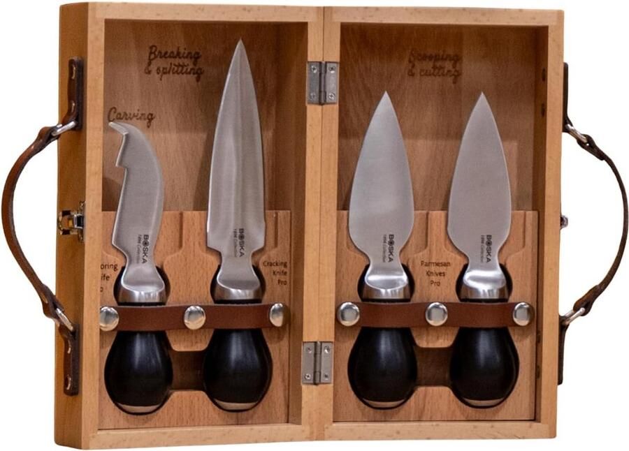 Professionele Kaasmessenset voor Harde Kaas en Parmezaan RVS Gereedschap in Houten Koffer