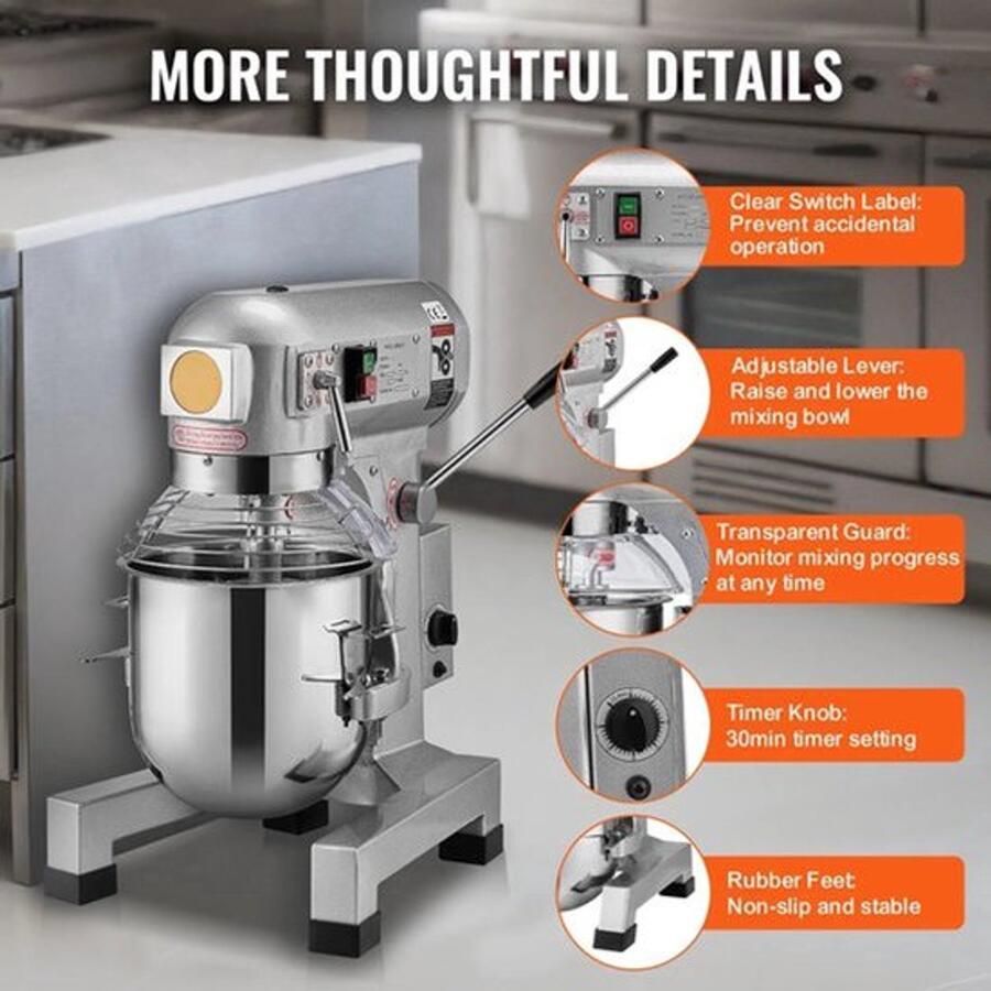 Professionele Keukenmixer – Mixer – Standmixer – Industriële Mixer – RVS Mengkom – Verstelbare Snelheden – Timingfunctie 15QT 550W