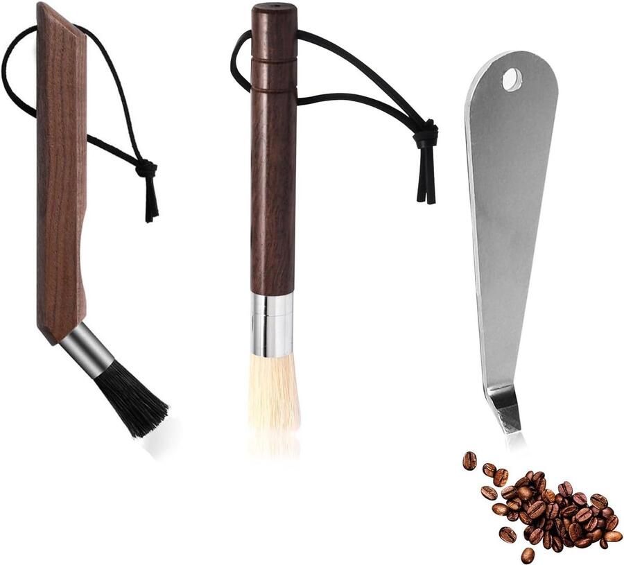 Professionele Koffiemolen Reinigingsset met 3 Stukken Borstels voor Espresso Koffie en Sieve Houders met Walnoothandvat