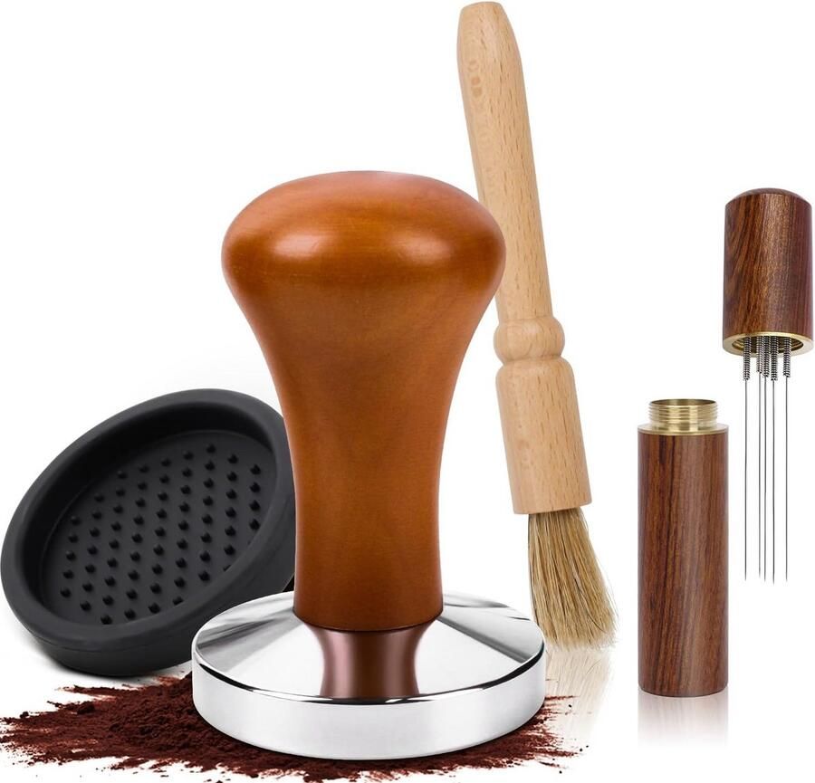 Professionele Koffiestamper RVS 51mm met Tampermat Distributienaald en Borstel Espresso Tools