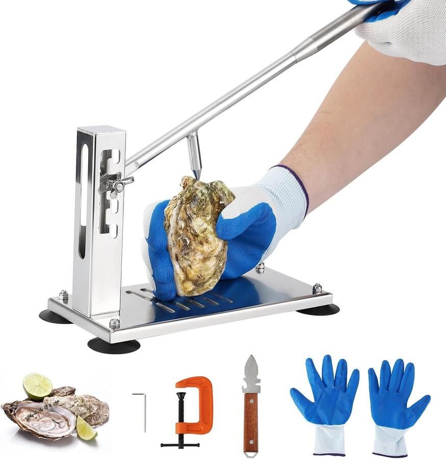 Professionele oester- en mosselopener van roestvrij staal – verstelbaar in 4 standen met zuignappen G-klem mes en snijbeschermende handschoen – voor keuken thuis en horeca