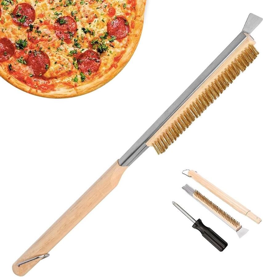 Professionele Pizza Oven Borstel van 55 cm met RVS Schraper en Messing Borstel Houten Handvat Ideaal voor het Schoonmaken van Pizza Accessoires en Grillgereedschap