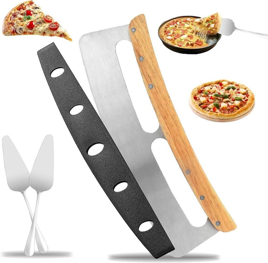 Professionele Pizza Snijder van Roestvrij Staal met Houten Handvat en Cake Server Set 35 cm Pizza Snijmes met Bescherming voor Veilig Snijden