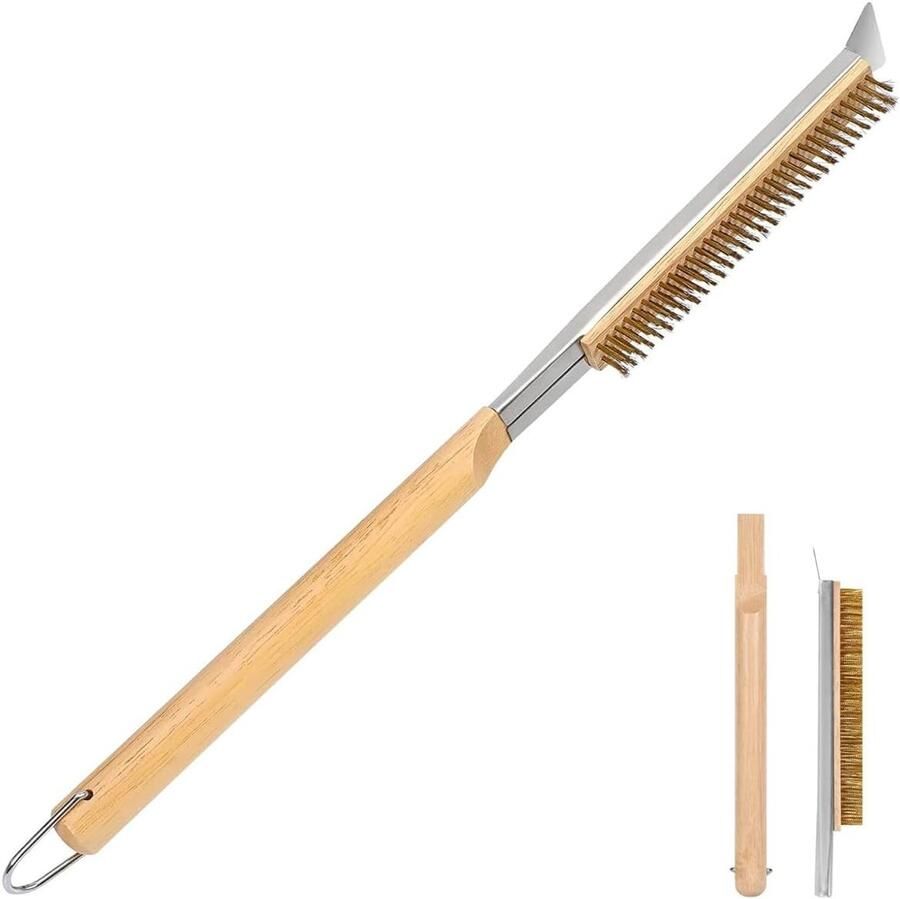 Professionele Pizzabakker Gereedschap 57 cm Borstel met Schraper Messing Borstels en Houten Handvat voor Binnen- en Buitengebruik Ideaal voor Oven en Grill Accessoires