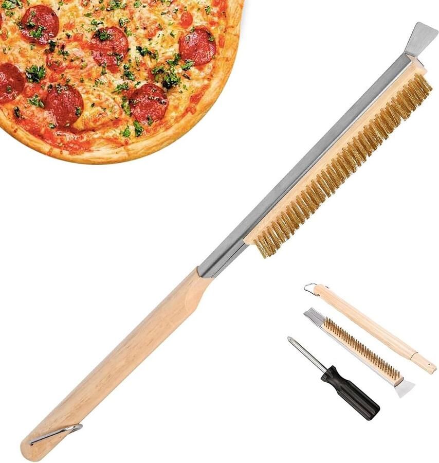 Professionele Pizzaborstel van 55 cm met RVS Schraper en Messing Borstel voor het Reinigen van Pizzaovens Pizzastenen en Grillaccessoires
