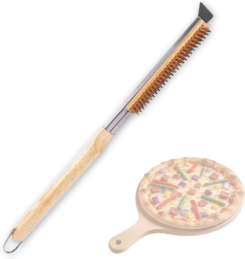 Professionele Pizzaschaaf met Rvs Schraper Houten Handvat en Hittebestendige Messing Borstels voor Pizzasteen Buitenovens en BBQ Grill Keukenaccessoires voor Perfecte Pizza's